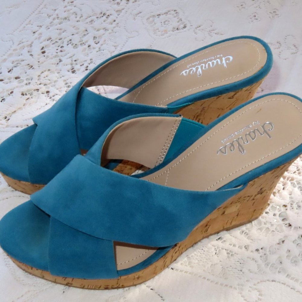 Turquoise Suede Velour Sandals •  Wedge Mules Platform Slides • Sexy 4" Heel!